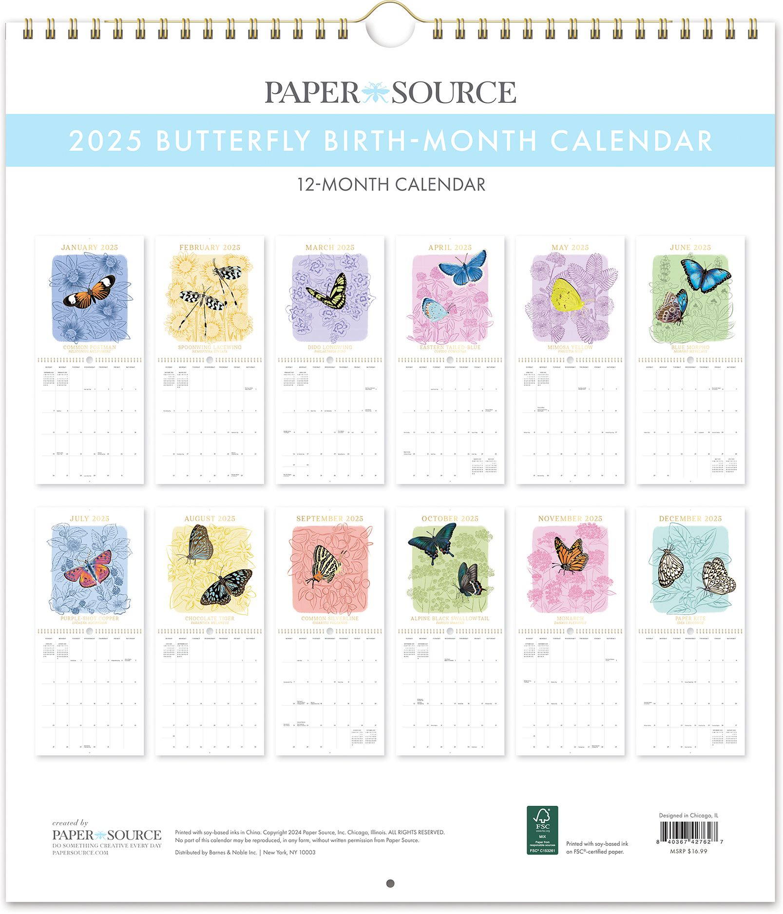 2025 Paper Source Butterfly Birth Month Calendar Wall Calendar with Foil