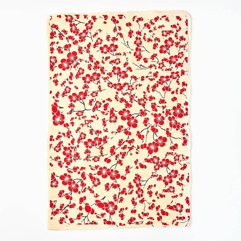 Red Blossoms On Cream Handmade Paper