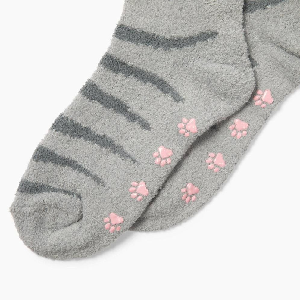 Grey Cat Fuzzy Crew Socks