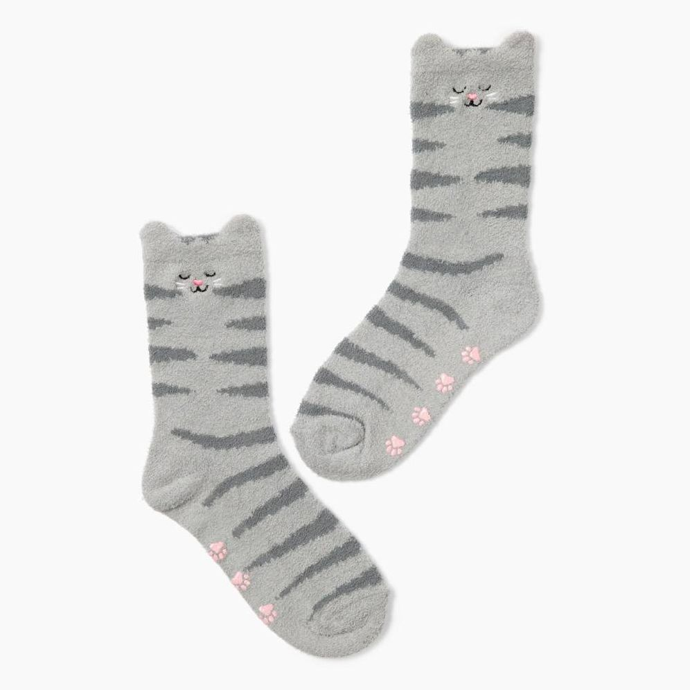 Grey Cat Fuzzy Crew Socks