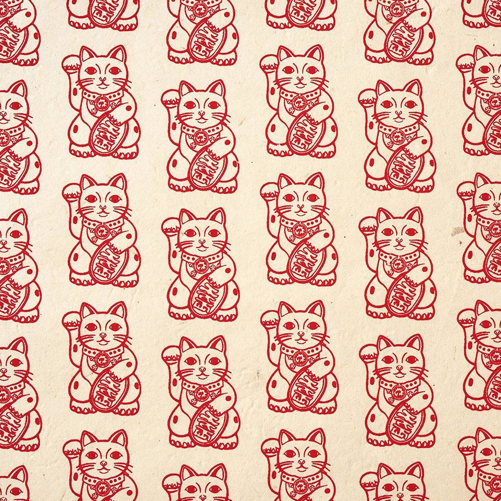 Red Lucky Cat on Cream Handmade Paper