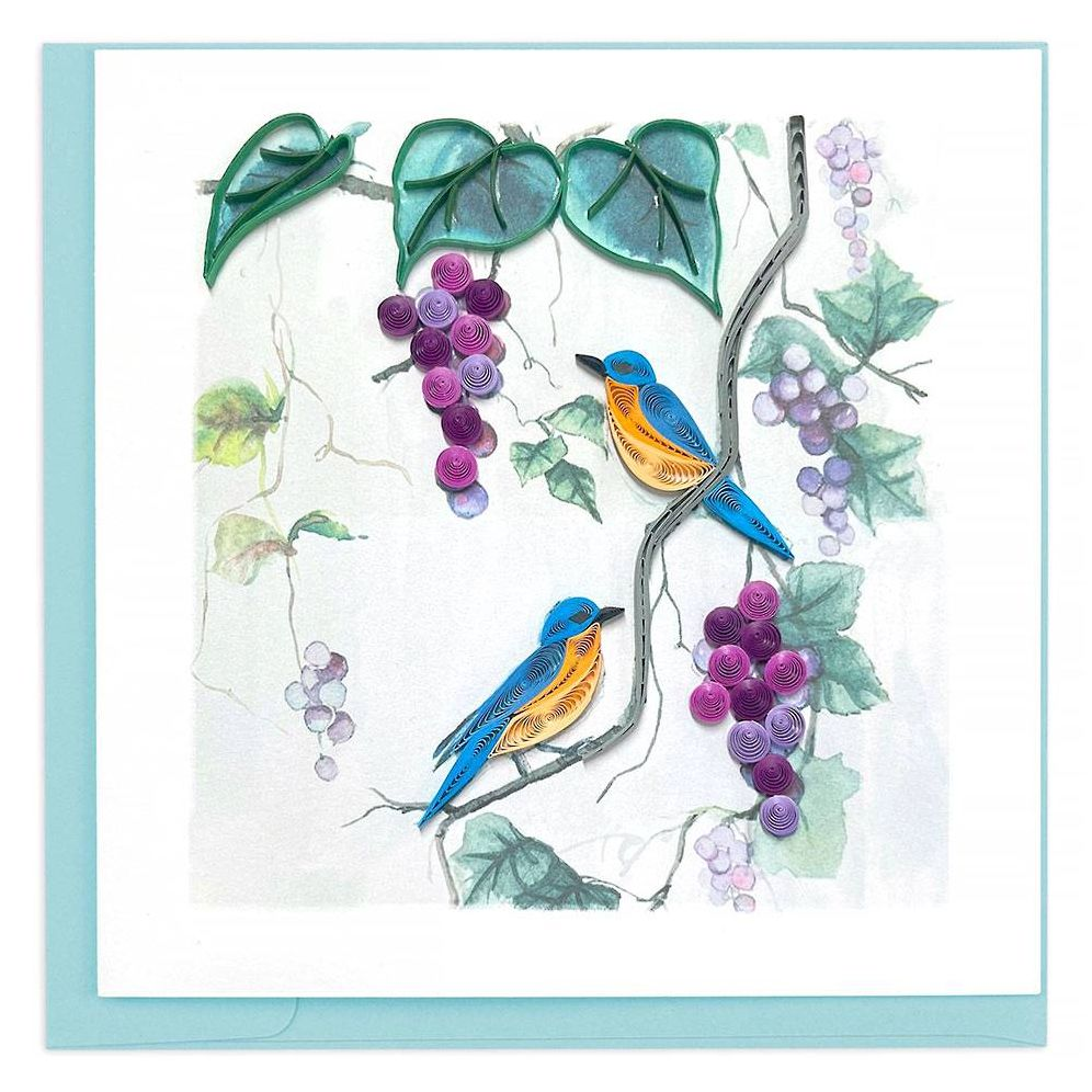 Quilled Purple Grapes & Bluebirds Blank Greeting Card